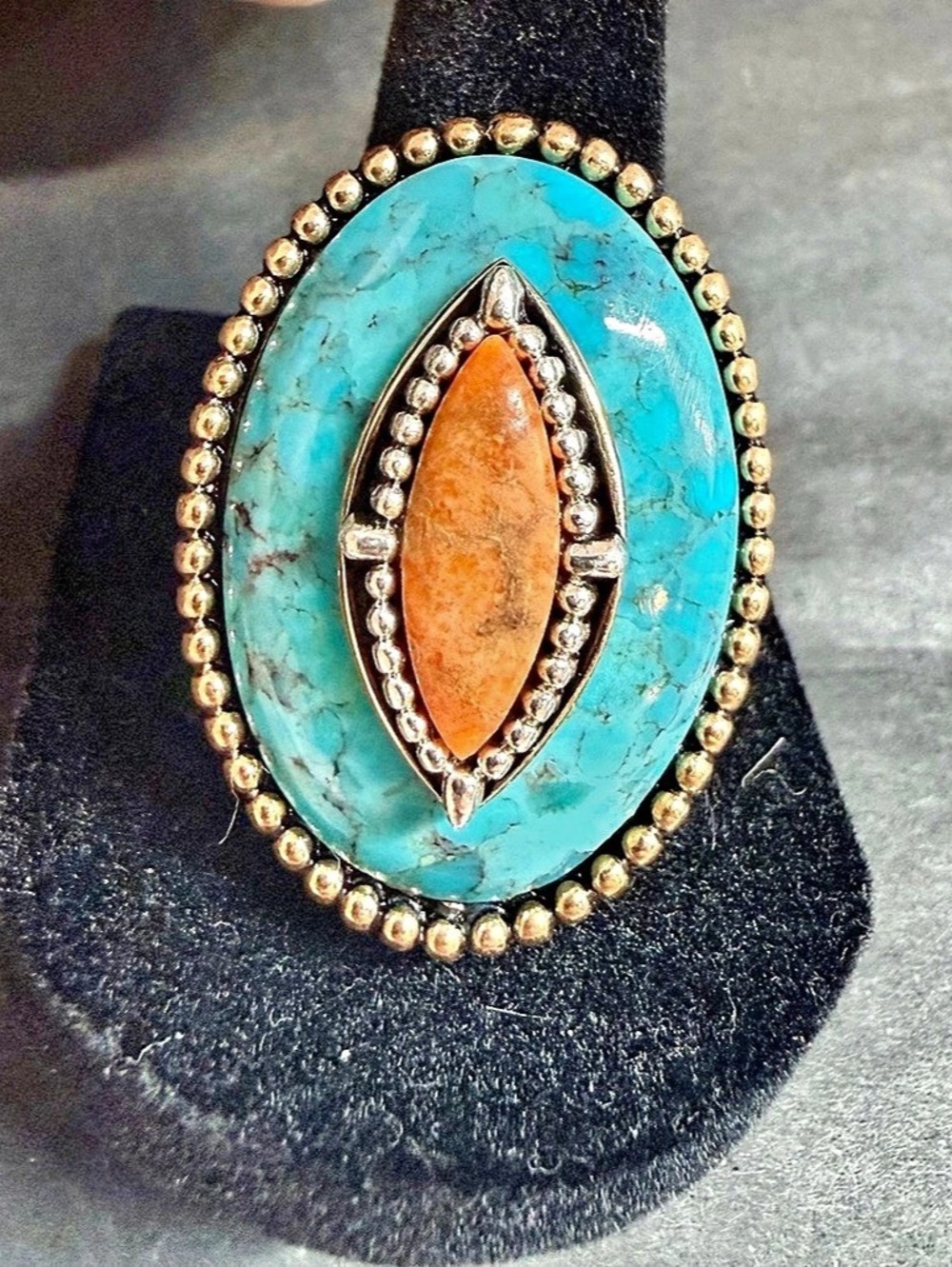 Turquoise & Orange Stone Ring Size 9